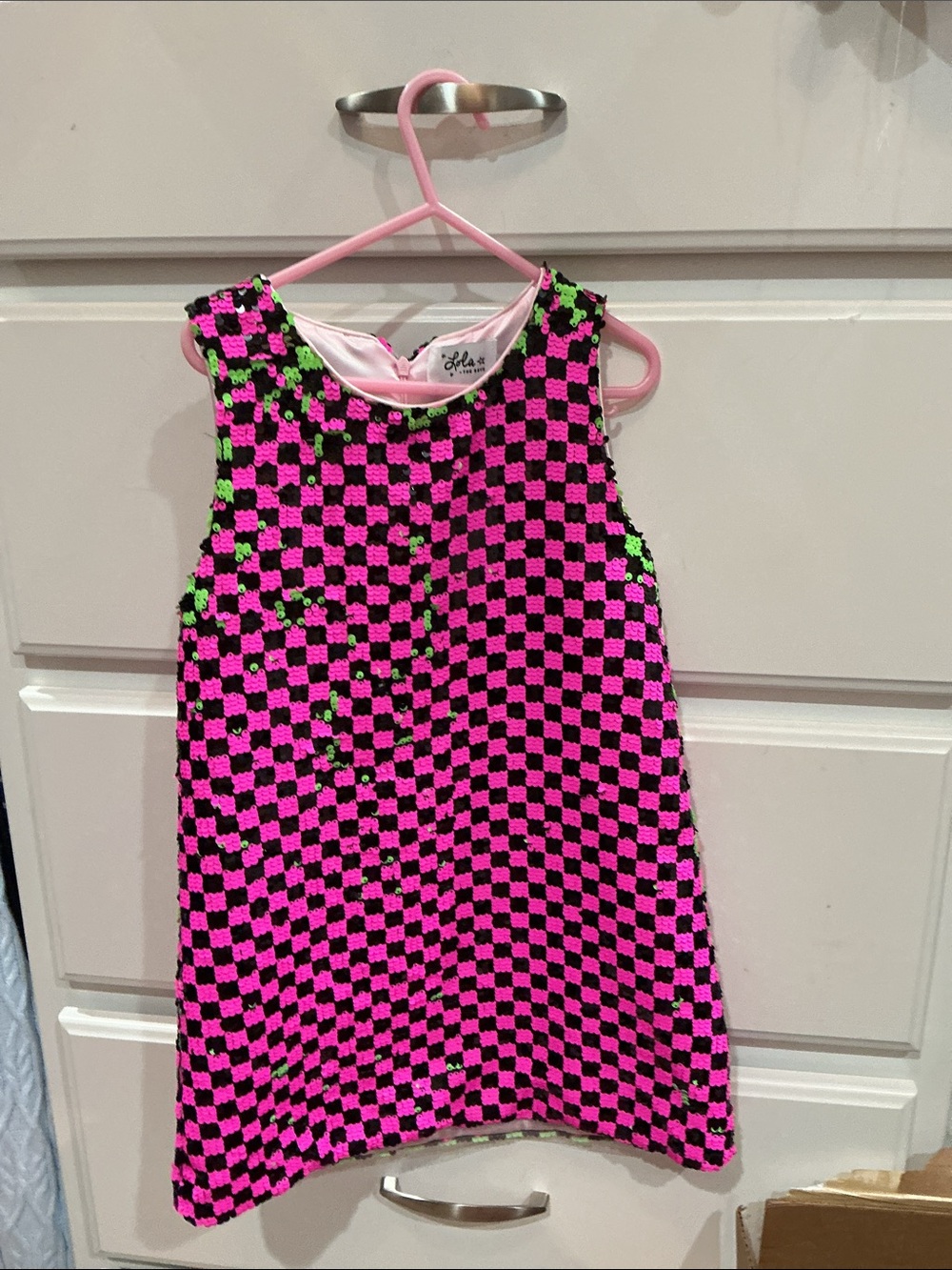 Lola +The Boys Skater Princess Checkered Hot Pink Reversible Green Sequin Dress